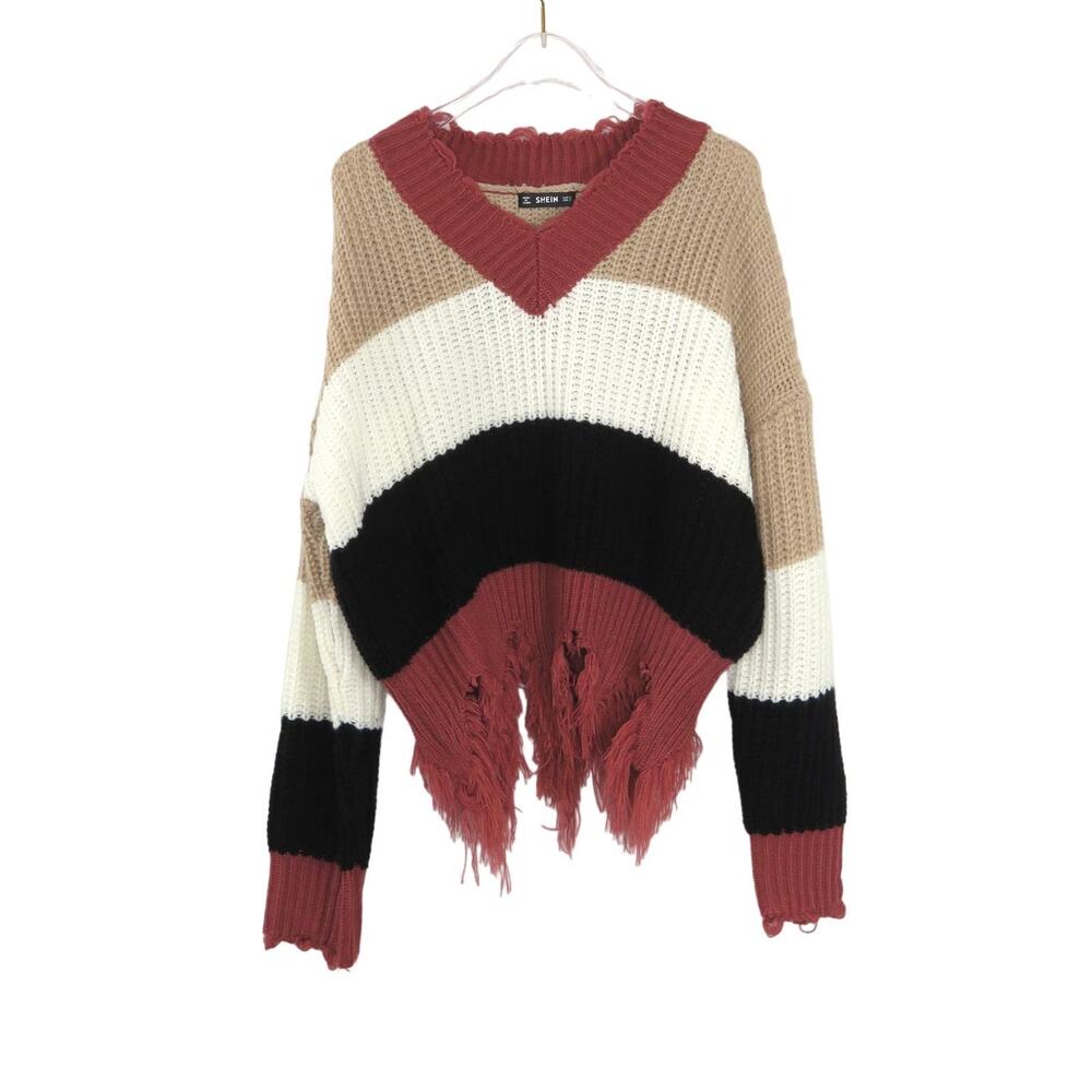 SHEIN Colorblock Sweater Pink Black Tan V-Neck Striped Sweater Small